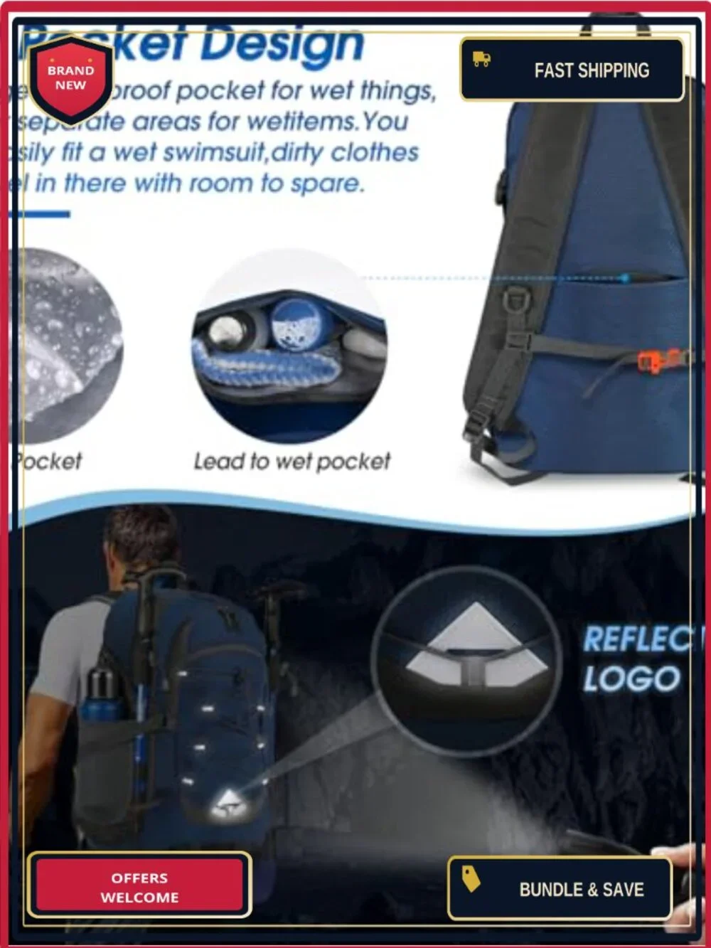Packable Hiking Backpack 40L Lightweight Waterproof Nylon Daypack Camping